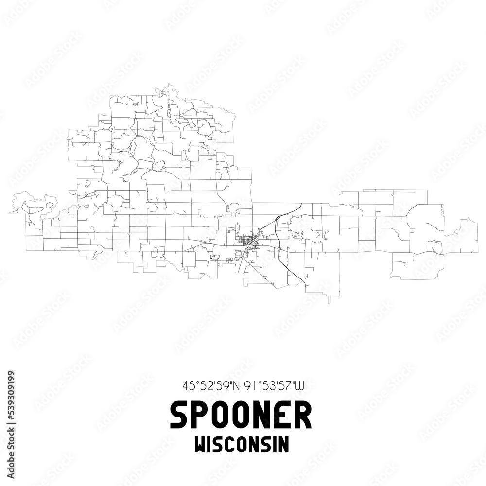 Spooner Wisconsin. US street map with black and white lines.