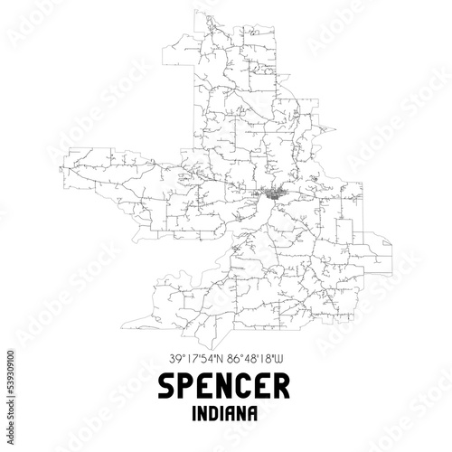 Spencer Indiana. US street map with black and white lines.