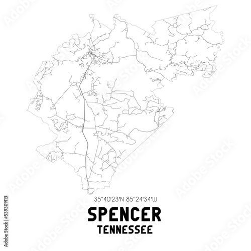 Spencer Tennessee. US street map with black and white lines.