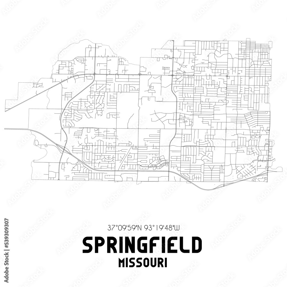 Springfield Missouri. US street map with black and white lines.