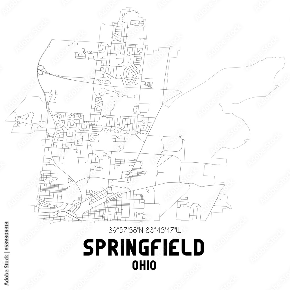Springfield Ohio. US street map with black and white lines.