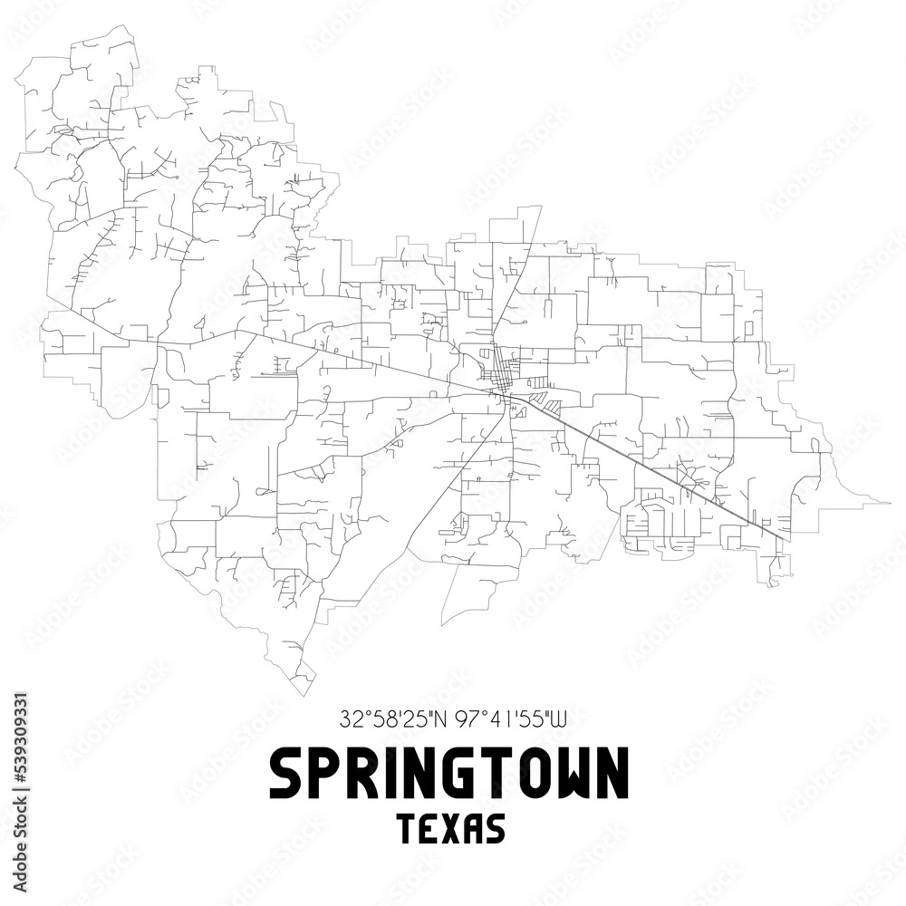 Springtown Texas. US street map with black and white lines.