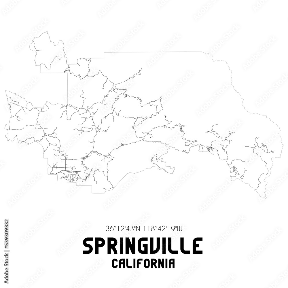 Springville California. US street map with black and white lines.
