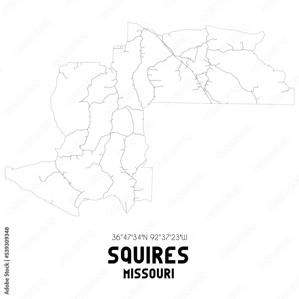 Squires Missouri. US street map with black and white lines.