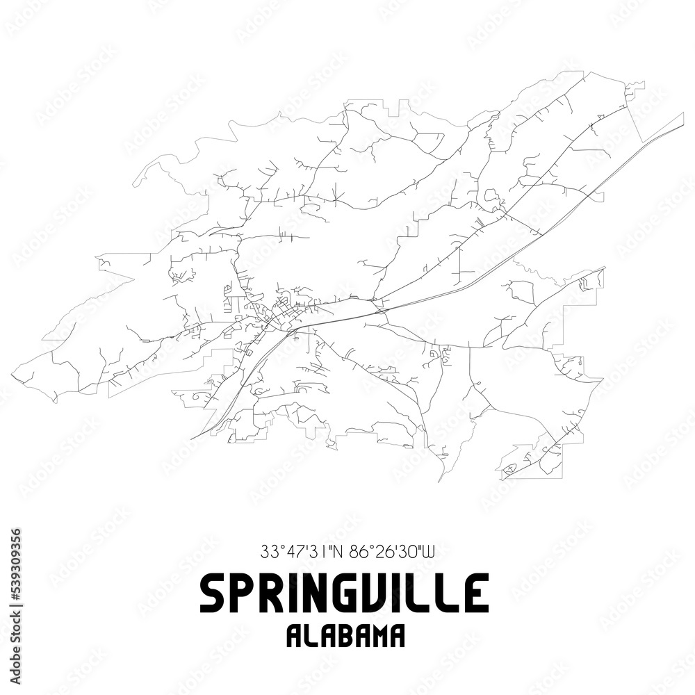 Springville Alabama. US street map with black and white lines.