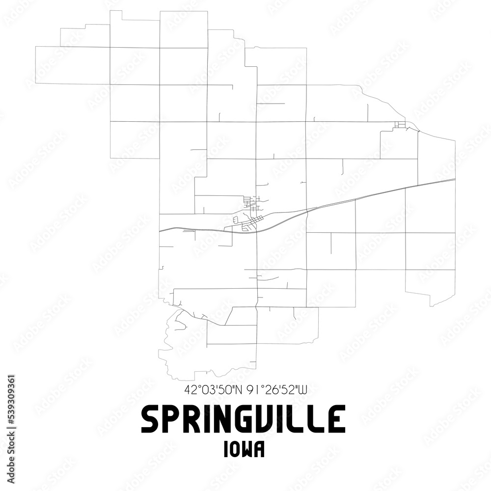 Springville Iowa. US street map with black and white lines.