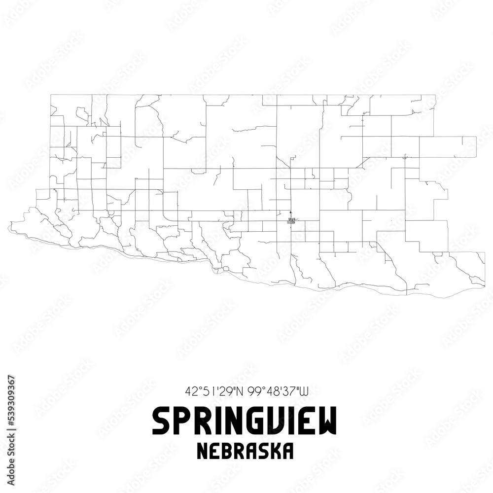 Springview Nebraska. US street map with black and white lines.