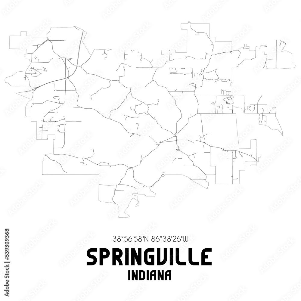 Springville Indiana. US street map with black and white lines.