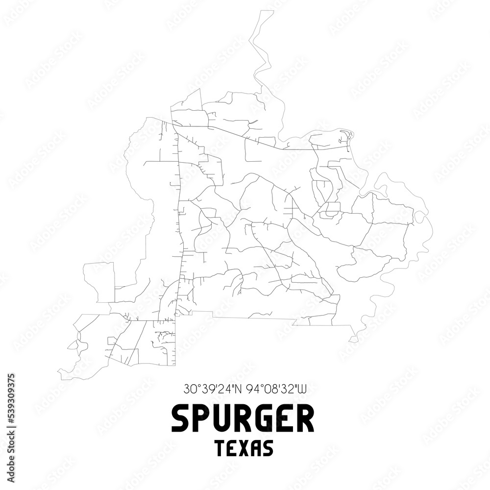 Spurger Texas. US street map with black and white lines.