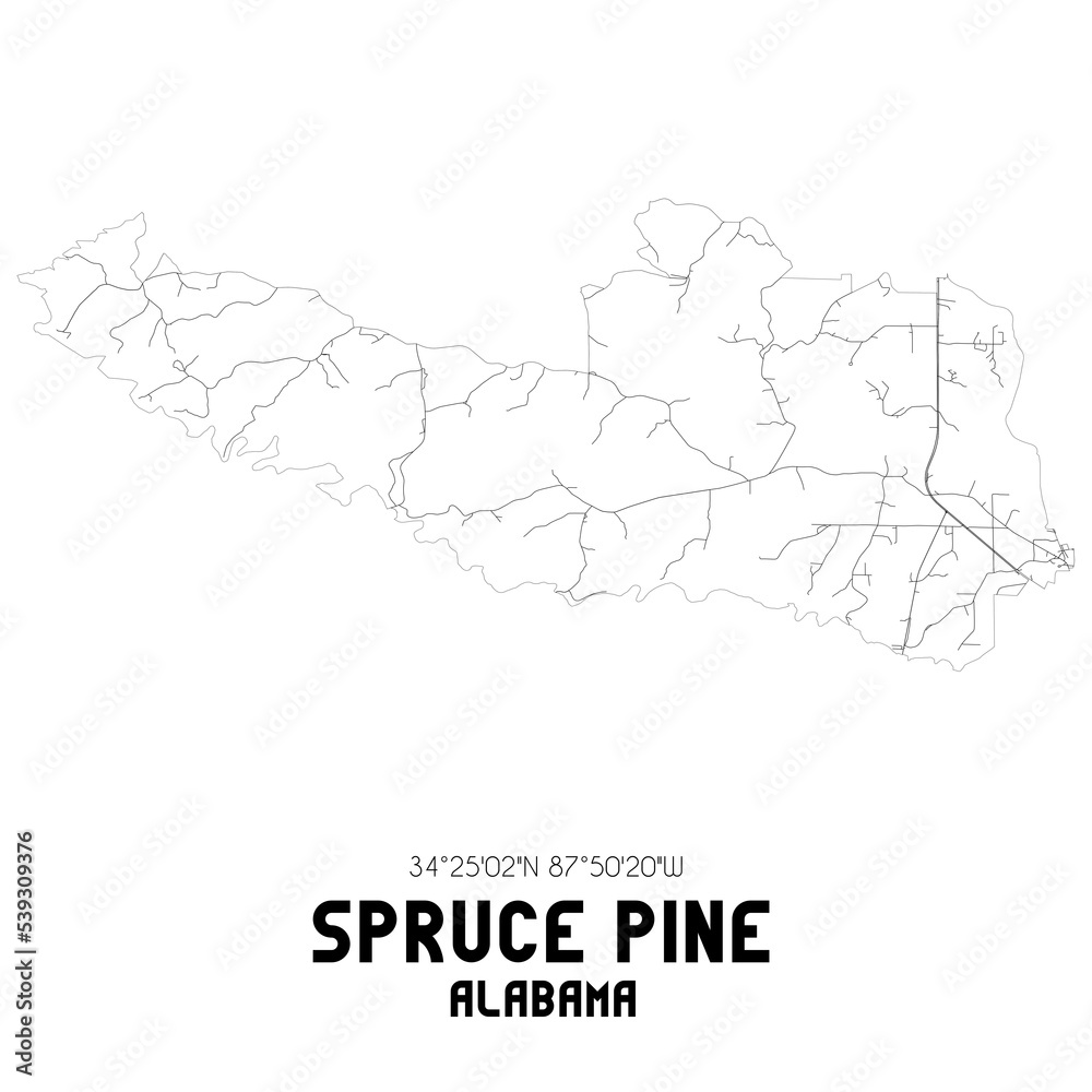 Spruce Pine Alabama. US street map with black and white lines.