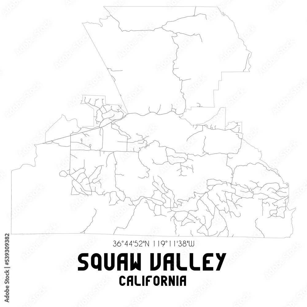Squaw Valley California. US street map with black and white lines.