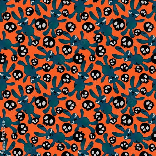 Halloween cartoon evil rabbit seamless toys doodle pattern for wrapping paper and fabrics and linens