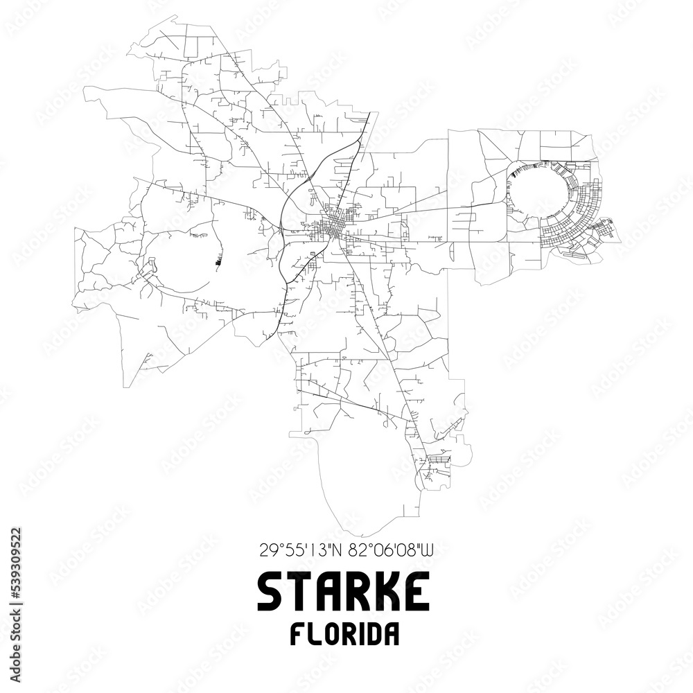 Starke Florida. US street map with black and white lines.