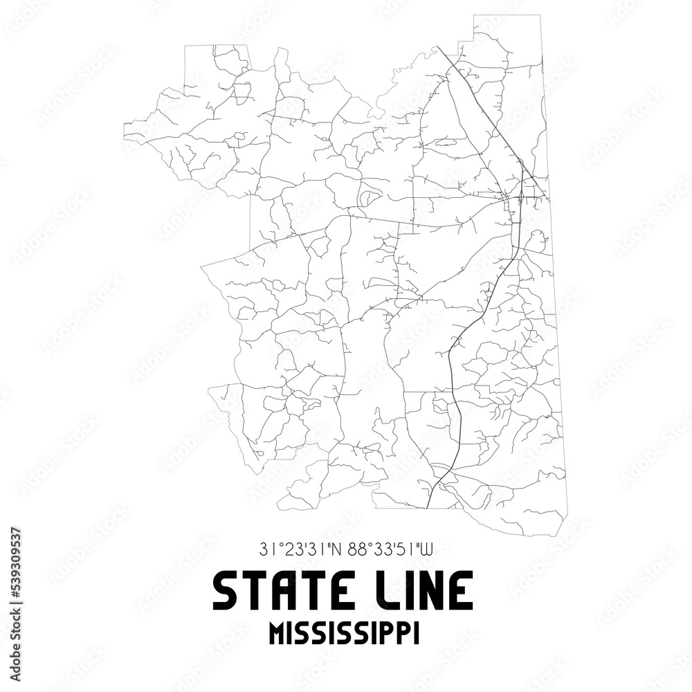 State Line Mississippi. US street map with black and white lines. State Line Mississippi. US street map with black and white lines.