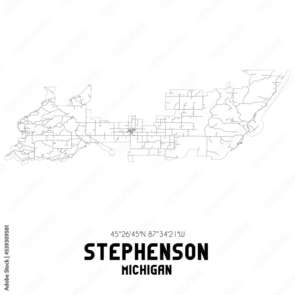 Stephenson Michigan. US street map with black and white lines.
