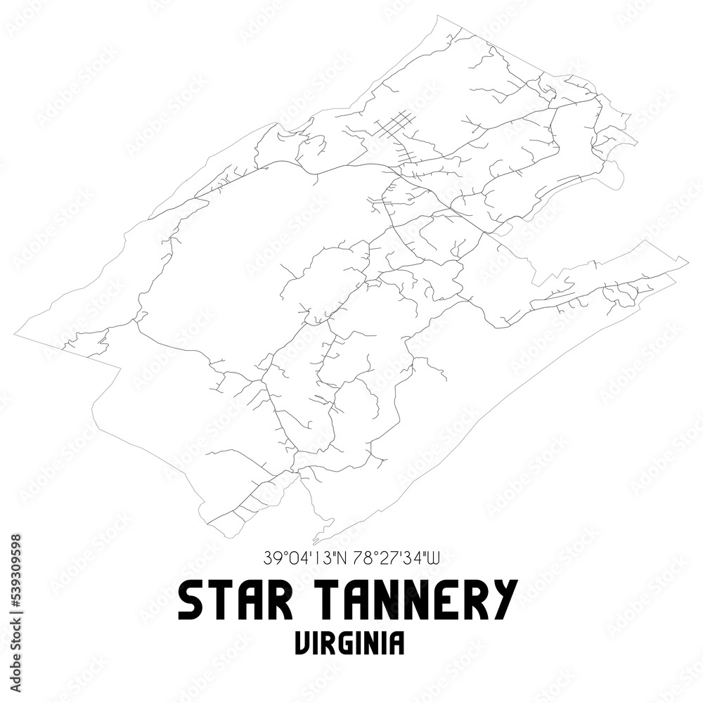 Star Tannery Virginia. US street map with black and white lines.