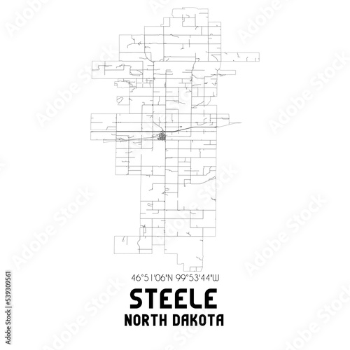 Steele North Dakota. US street map with black and white lines.