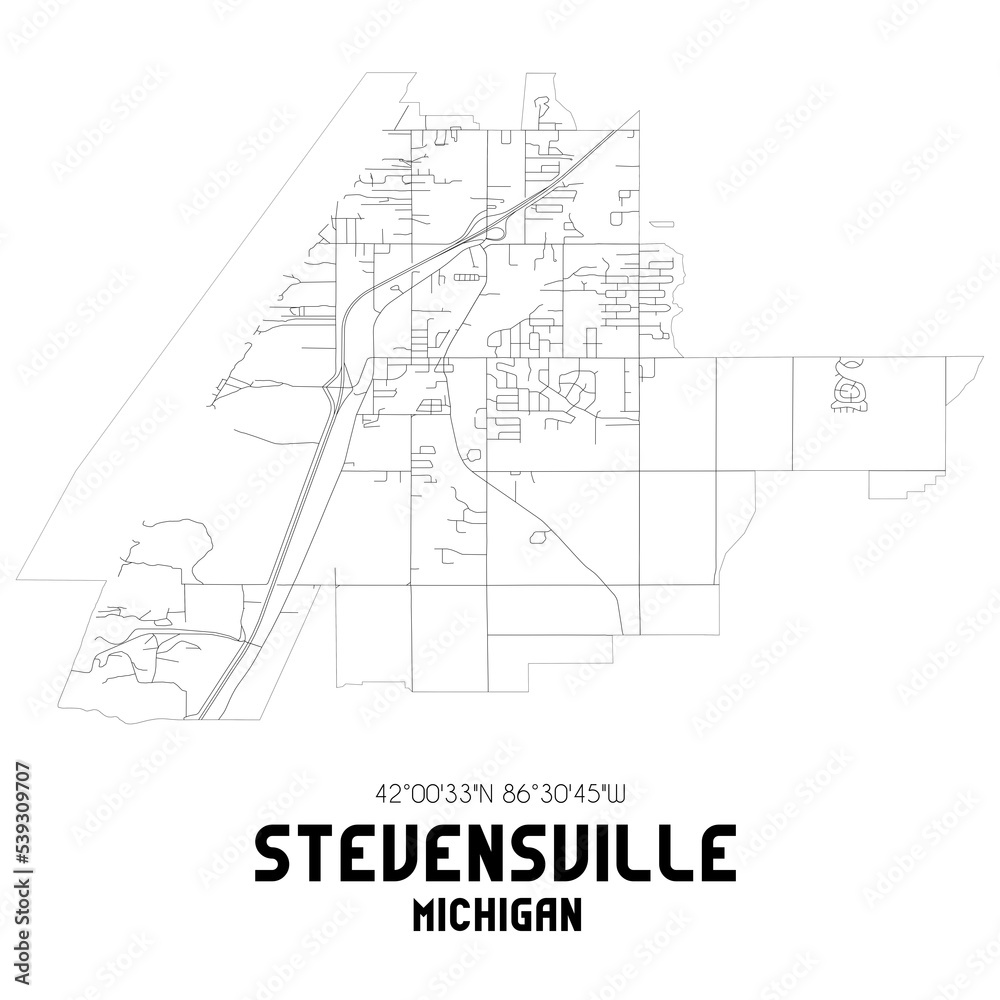 Stevensville Michigan. US street map with black and white lines.