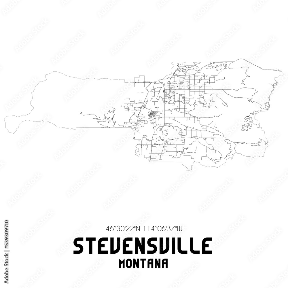 Stevensville Montana. US street map with black and white lines.