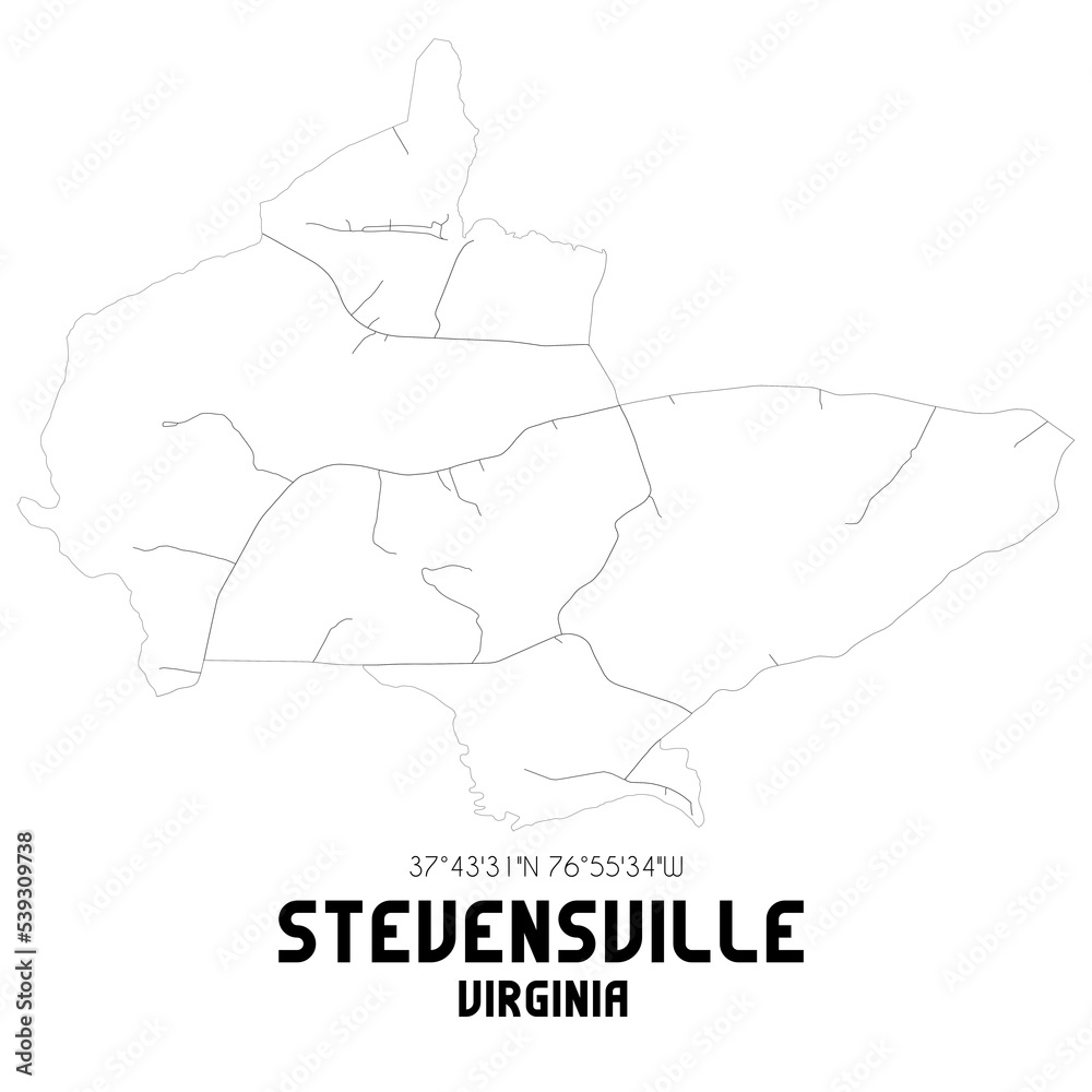 Stevensville Virginia. US street map with black and white lines.