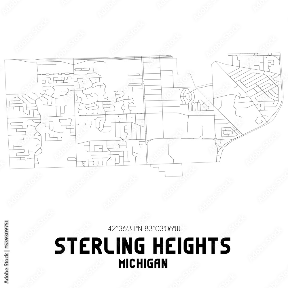 Sterling Heights Michigan. US street map with black and white lines.
