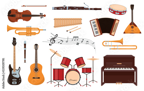 Musical instrument icons. String, keyboard, percussion and wind musical instruments isolated on white background.