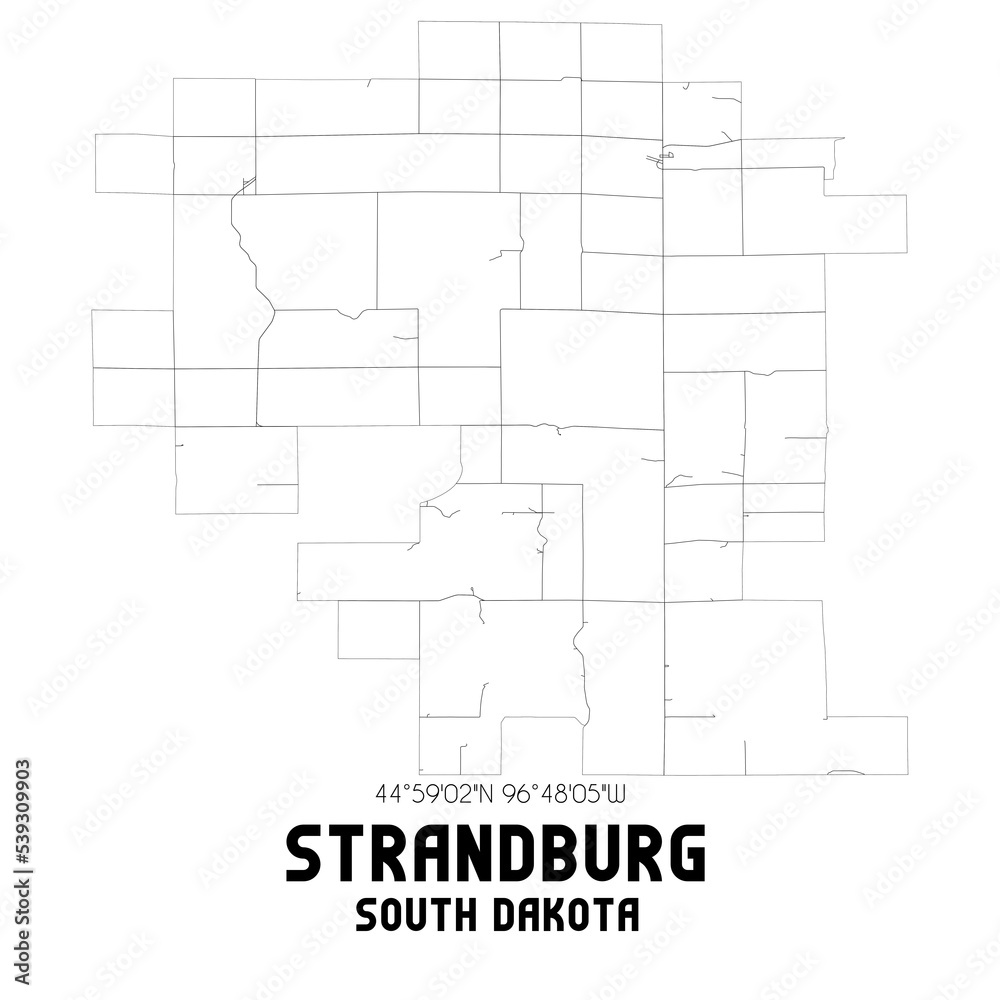 Strandburg South Dakota. US street map with black and white lines.