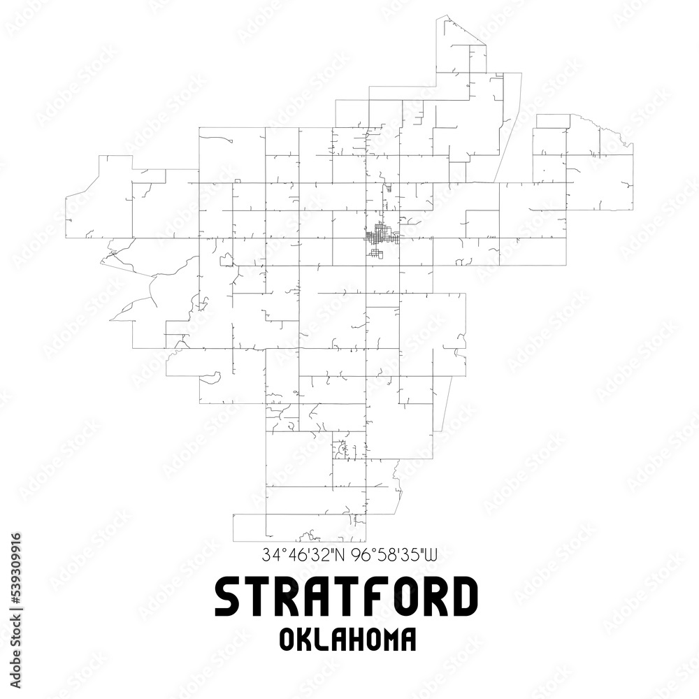 Stratford Oklahoma. US street map with black and white lines.