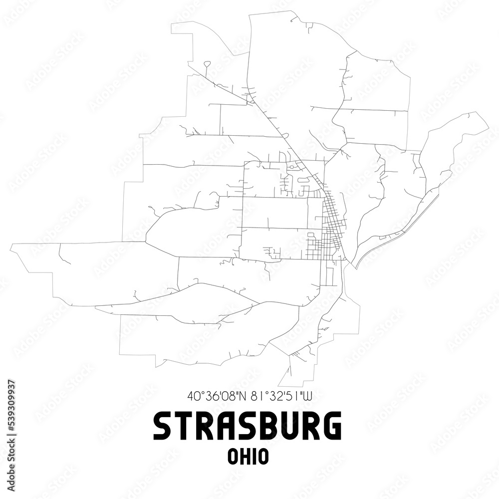 Strasburg Ohio. US street map with black and white lines.
