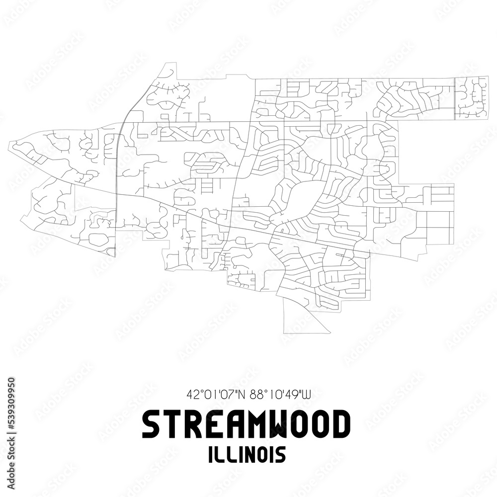 Streamwood Illinois. US street map with black and white lines.
