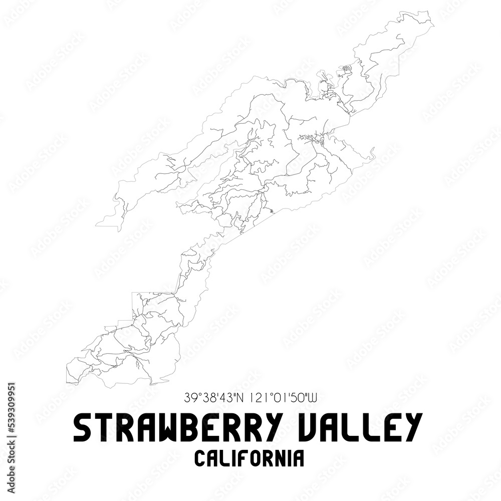 Strawberry Valley California. US street map with black and white lines.