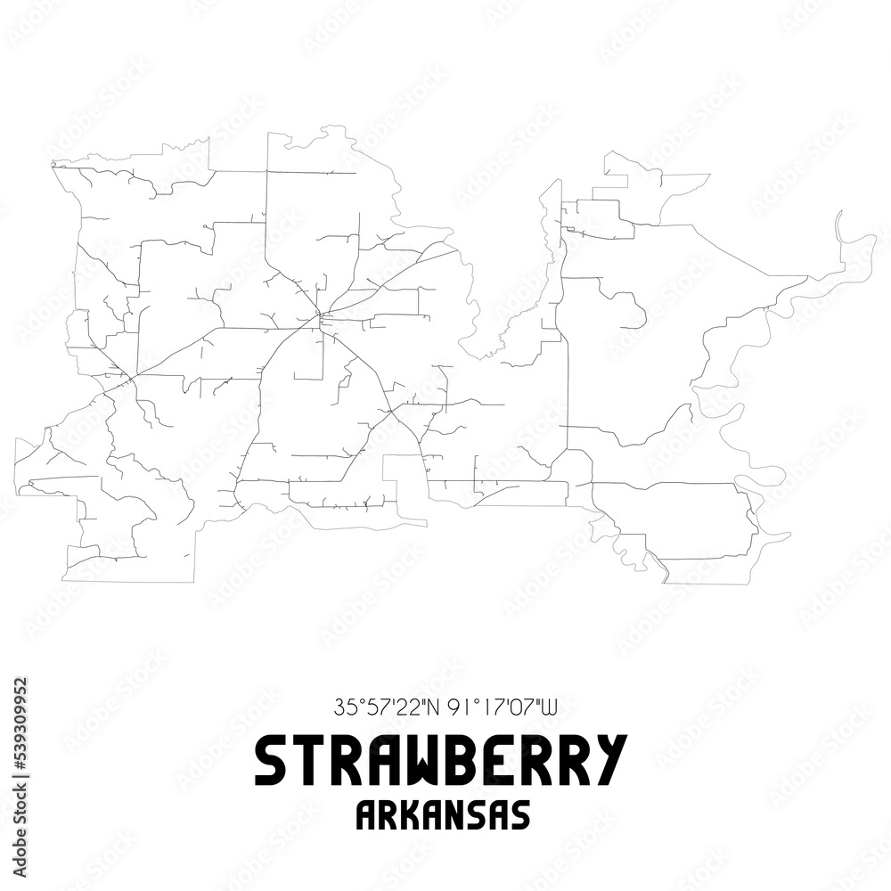 Strawberry Arkansas. US street map with black and white lines.