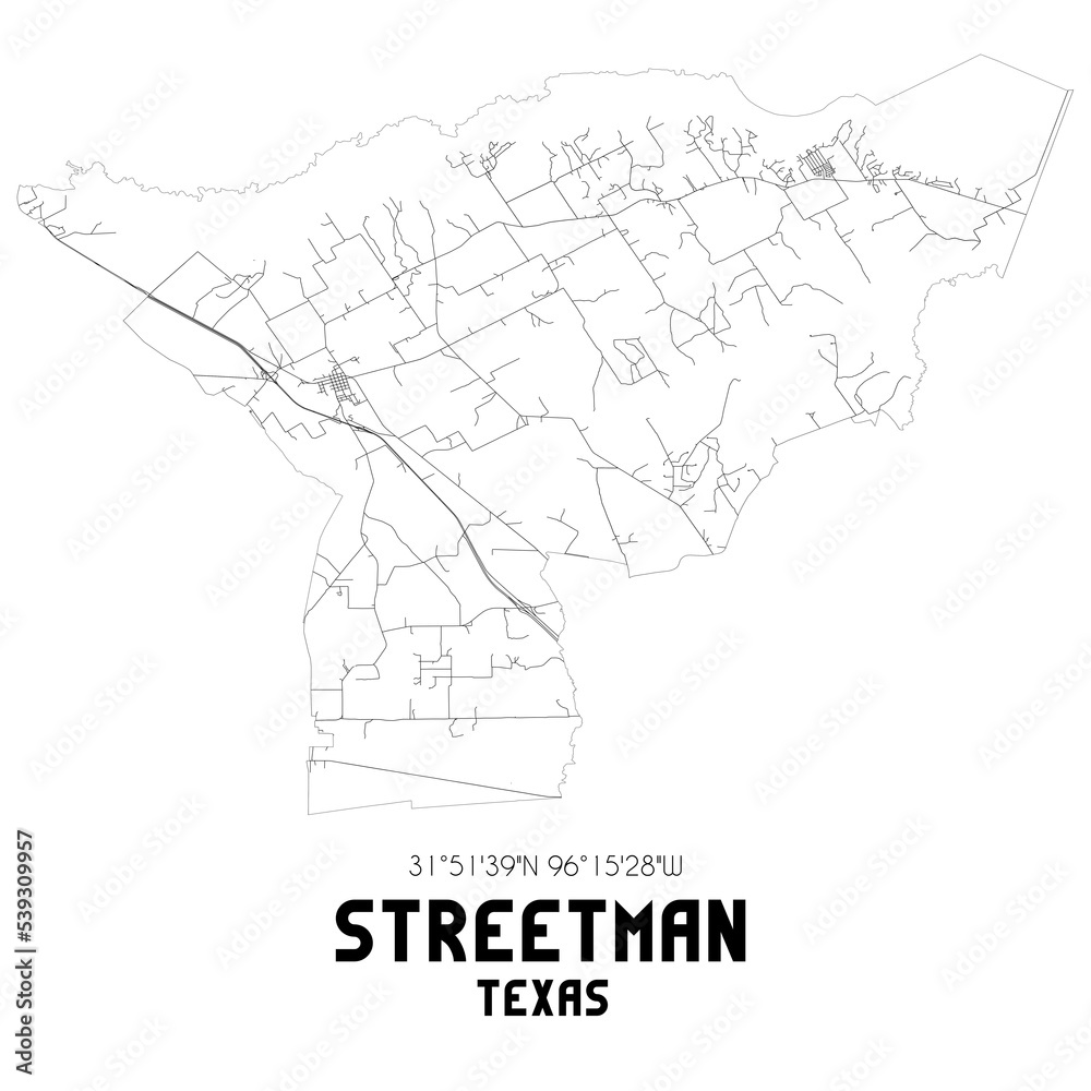 Streetman Texas. US street map with black and white lines.