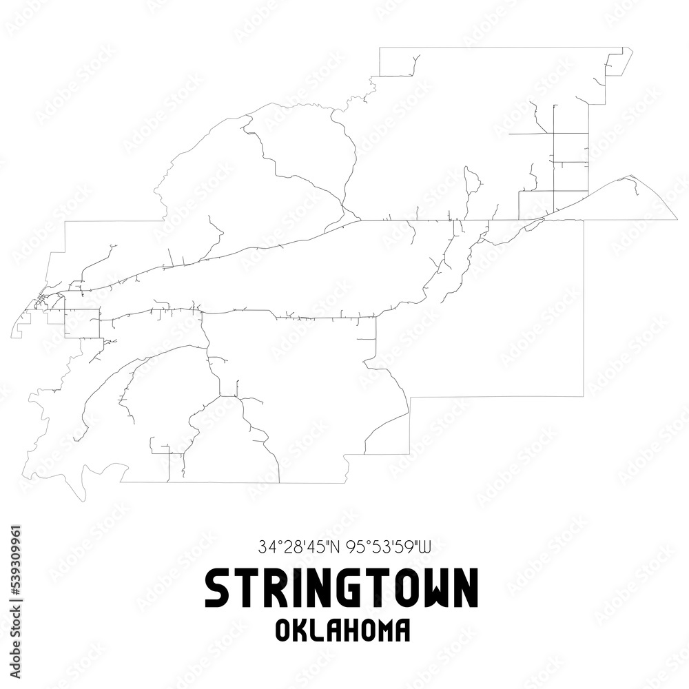 Stringtown Oklahoma. US street map with black and white lines.