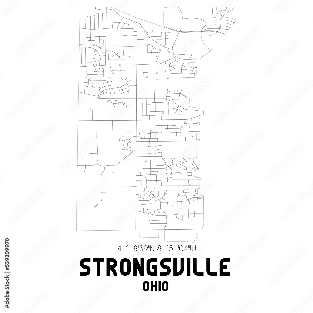 Strongsville Ohio. US street map with black and white lines.