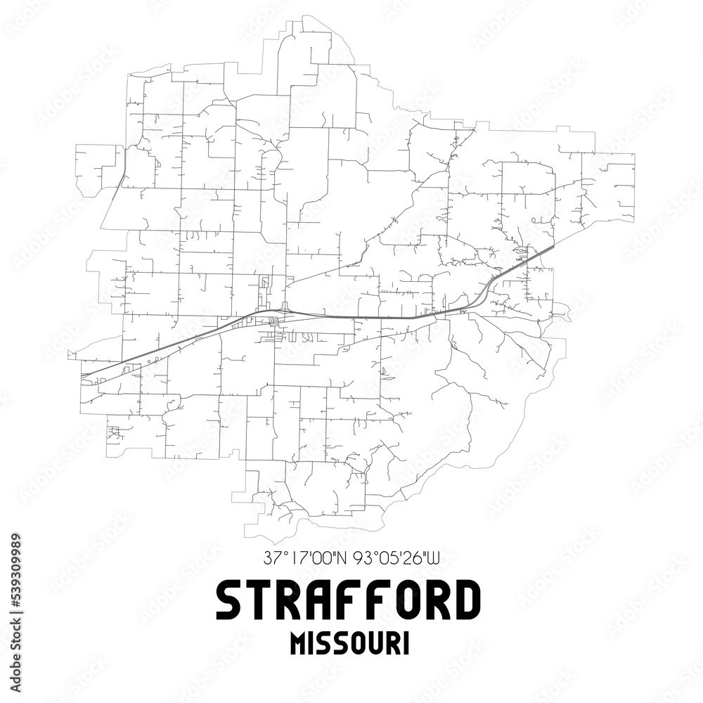 Strafford Missouri. US street map with black and white lines.
