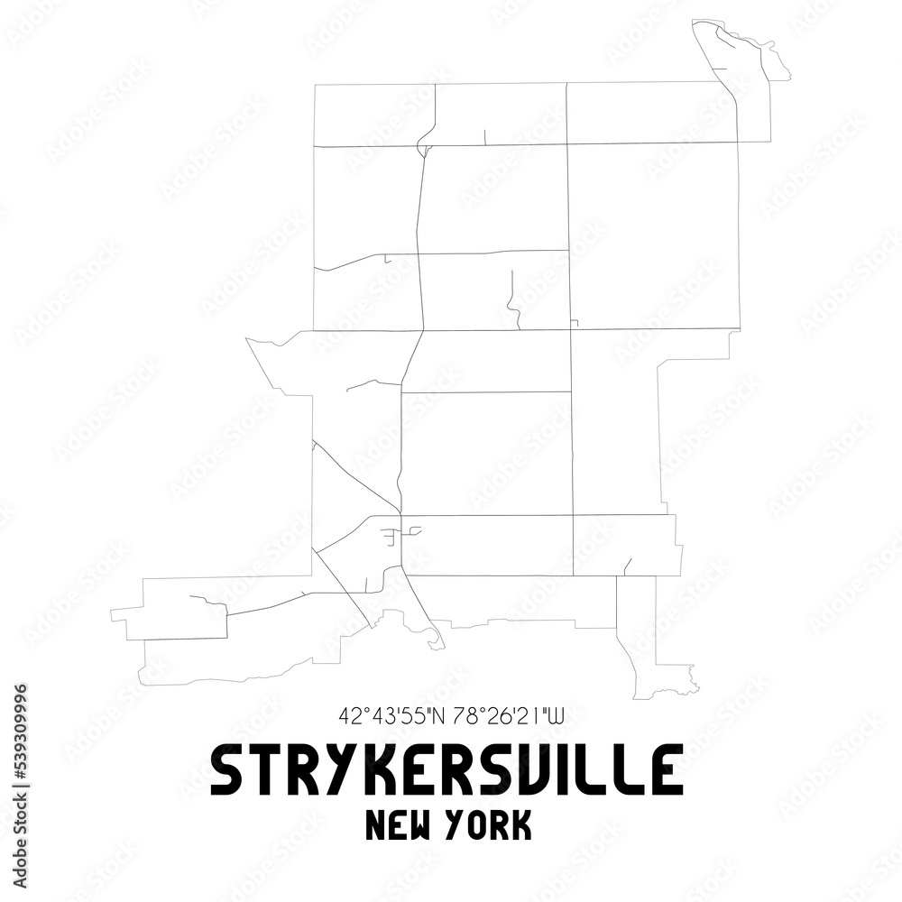 Strykersville New York. US street map with black and white lines
