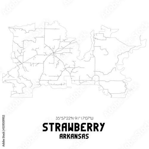 Strawberry Arkansas. US street map with black and white lines.