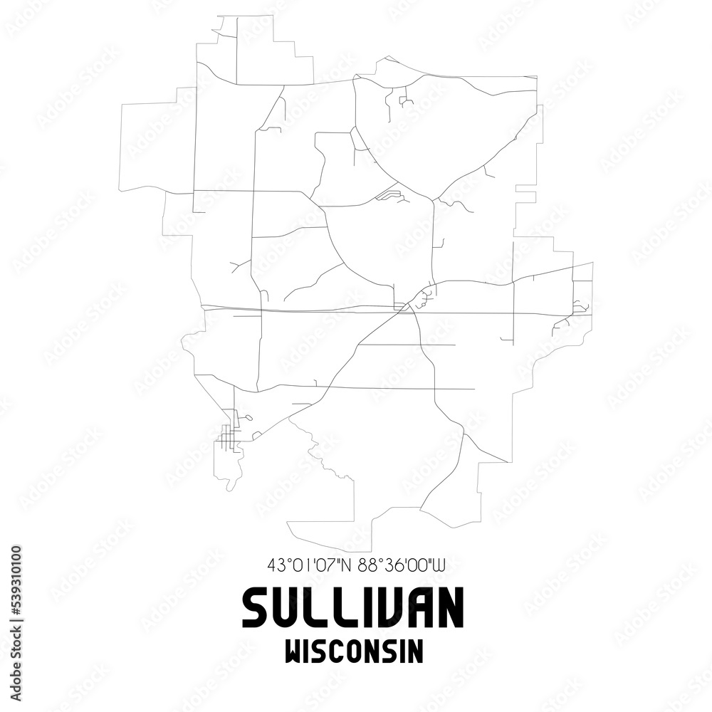 Sullivan Wisconsin. US street map with black and white lines.