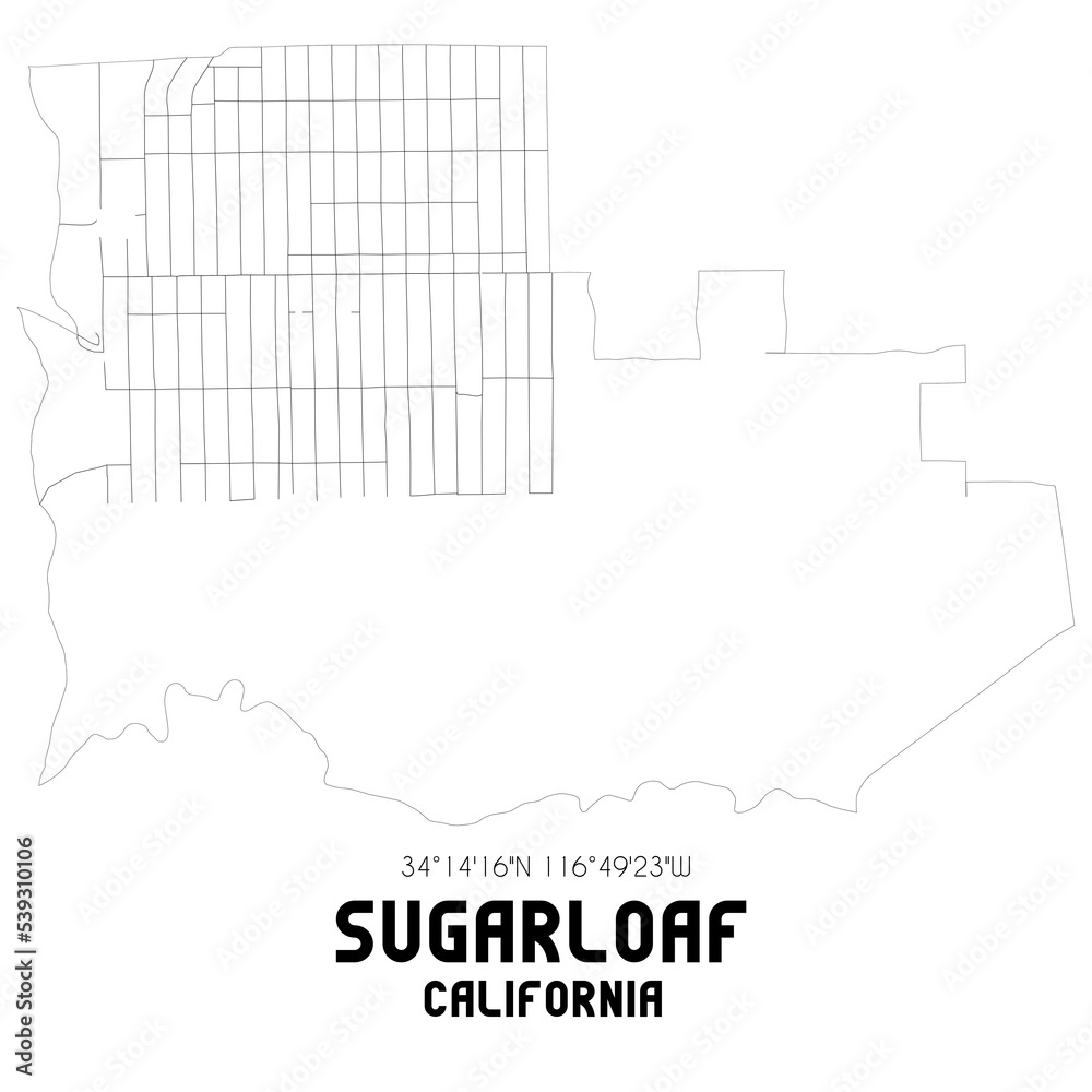Sugarloaf California. US street map with black and white lines.