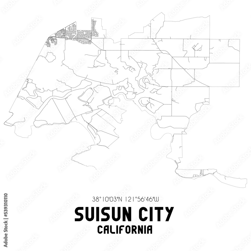 Suisun City California. US street map with black and white lines.