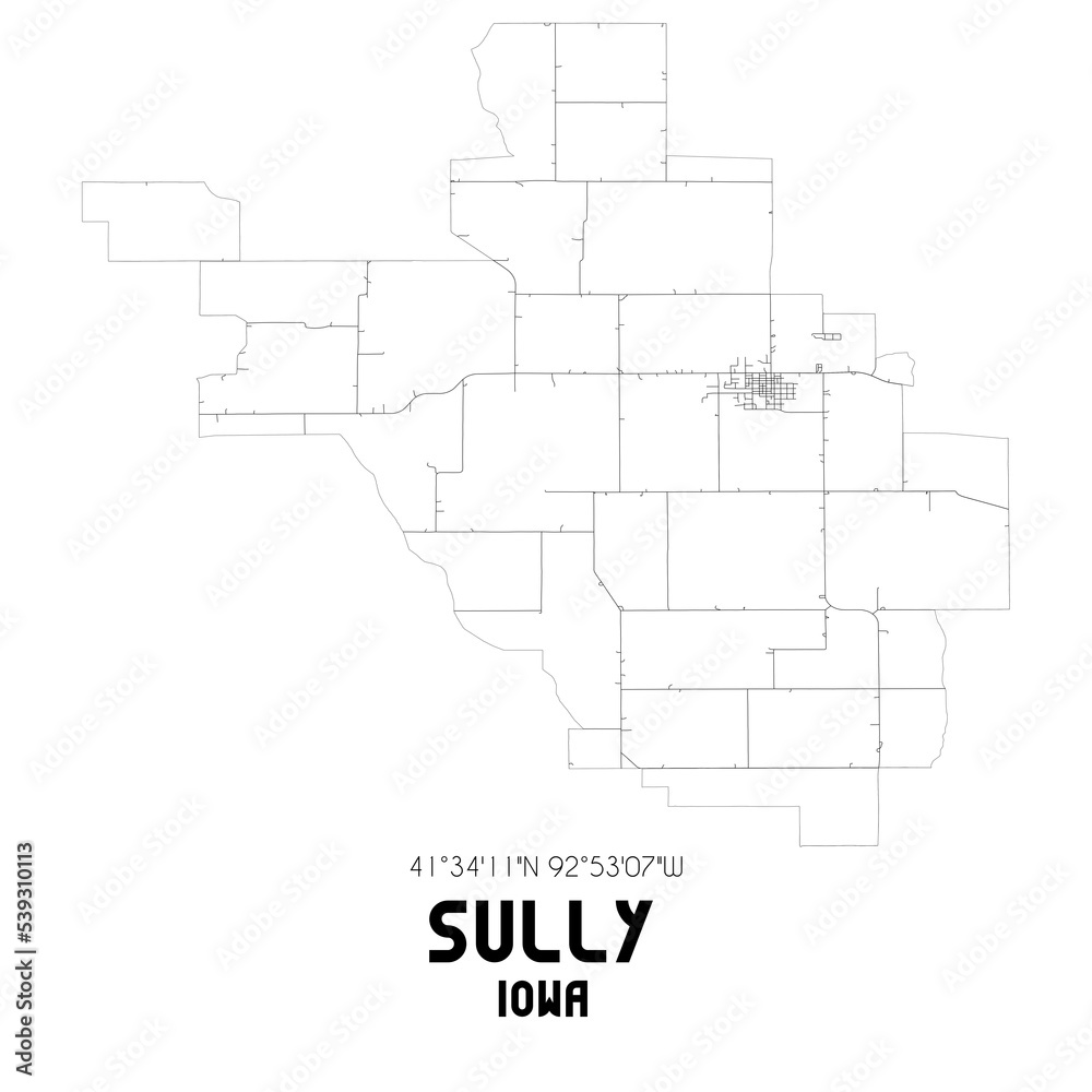 Sully Iowa. US street map with black and white lines.