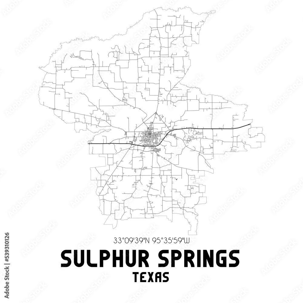 Sulphur Springs Texas. US street map with black and white lines.