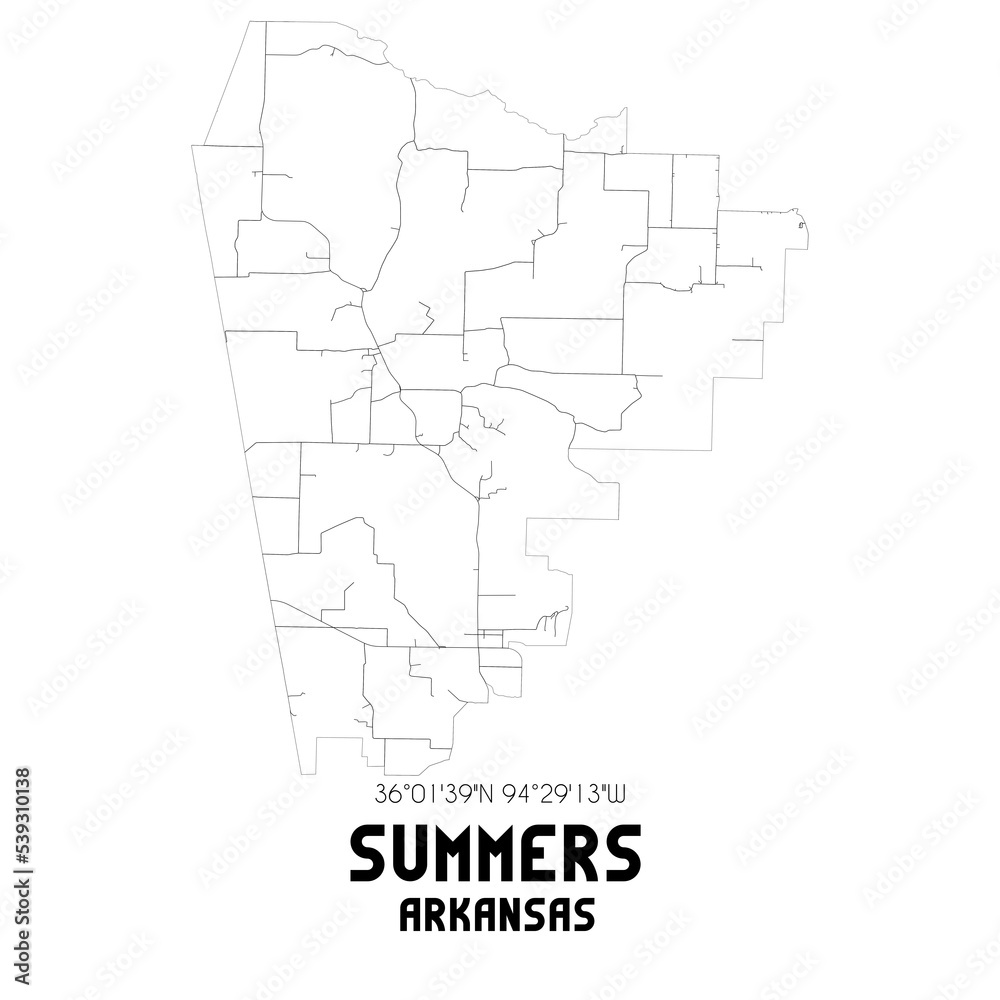 Summers Arkansas. US street map with black and white lines.