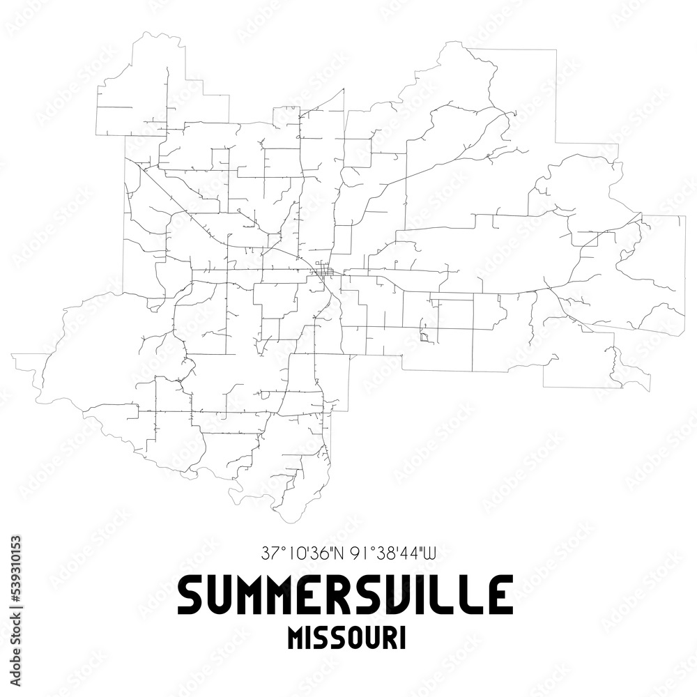 Summersville Missouri. US street map with black and white lines.