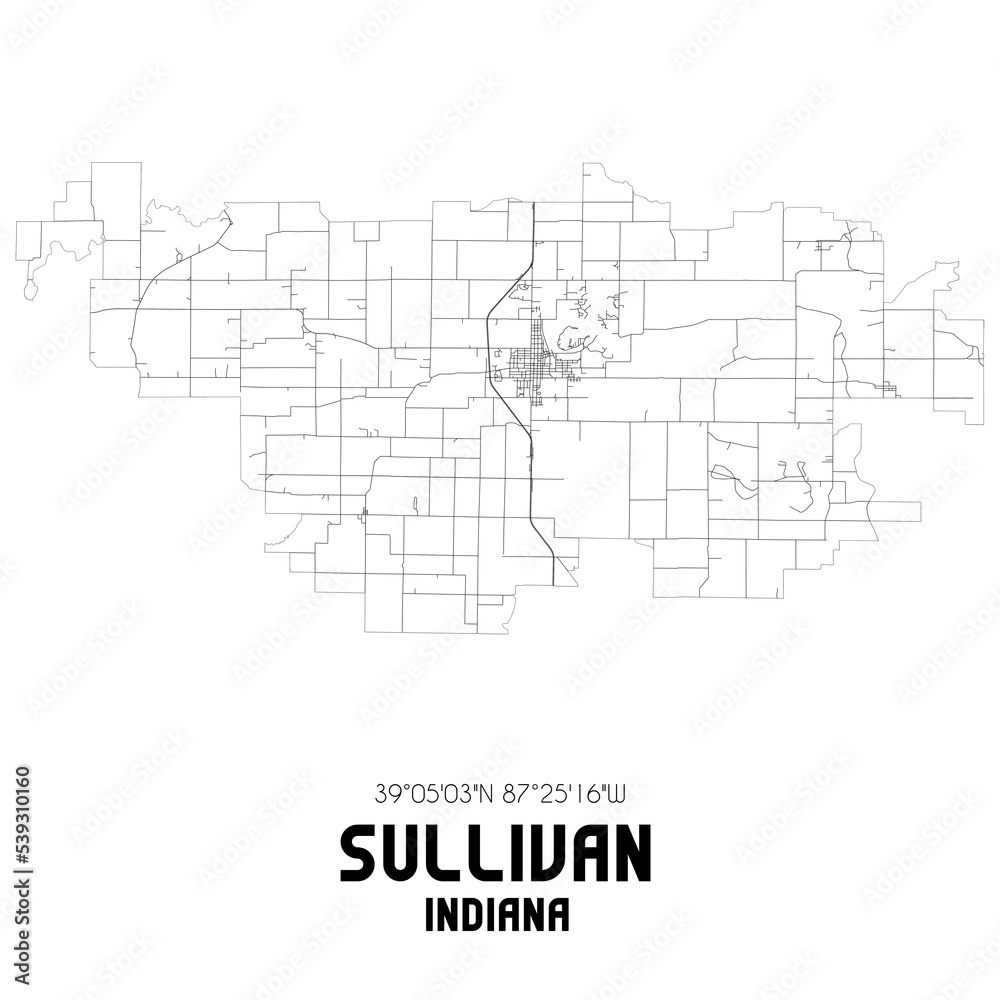 Sullivan Indiana. US street map with black and white lines.