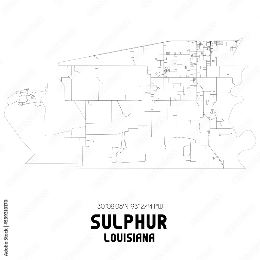 Sulphur Louisiana. US street map with black and white lines.