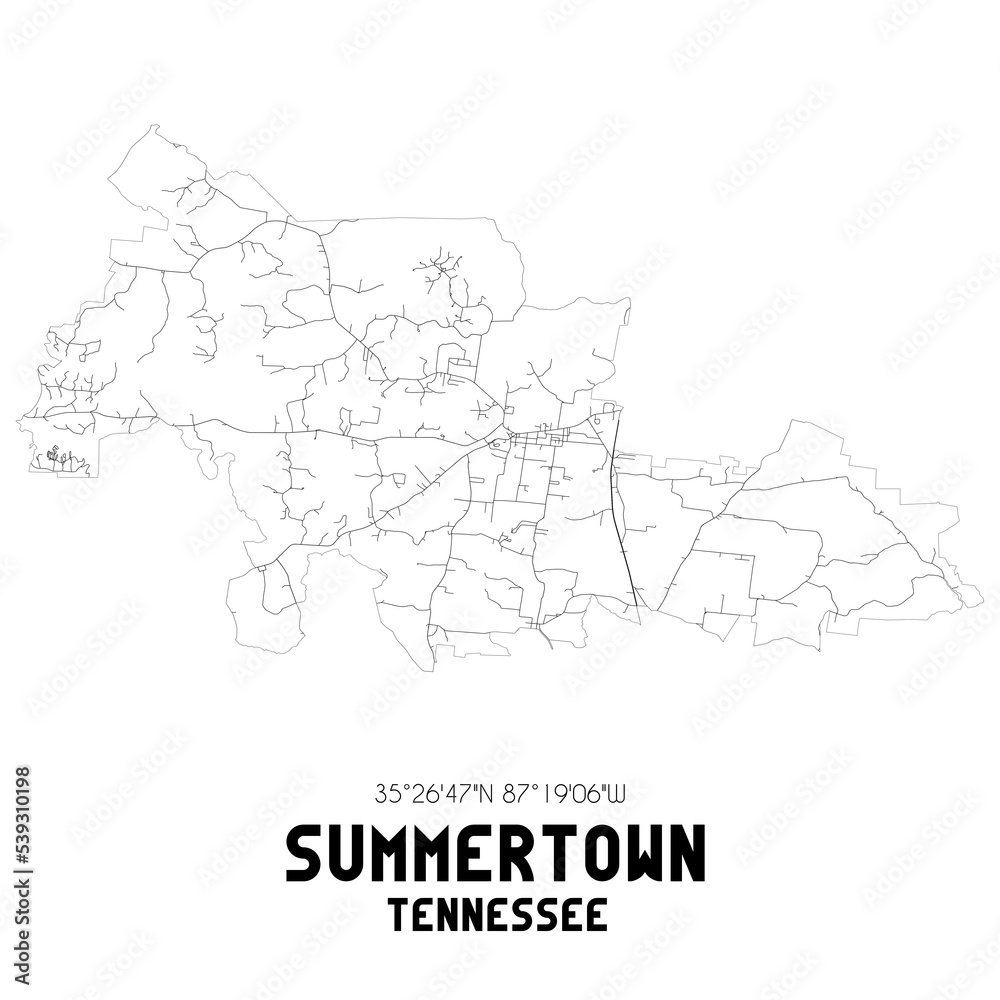 Summertown Tennessee. US street map with black and white lines.