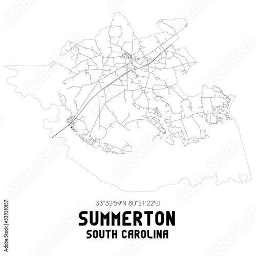 Summerton South Carolina. US street map with black and white lines.