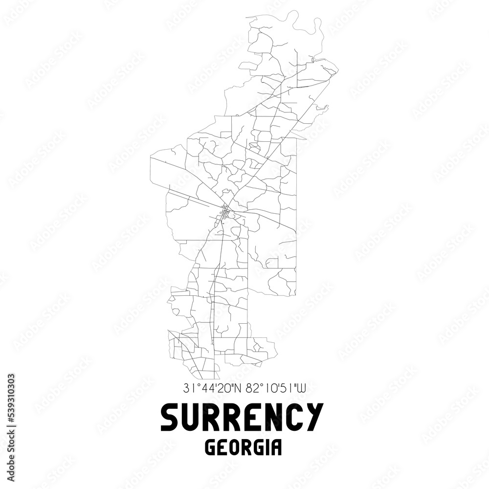 Surrency Georgia. US street map with black and white lines.